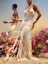 Mesh Pleated Hip-Wrap Tassel Maxi Dress